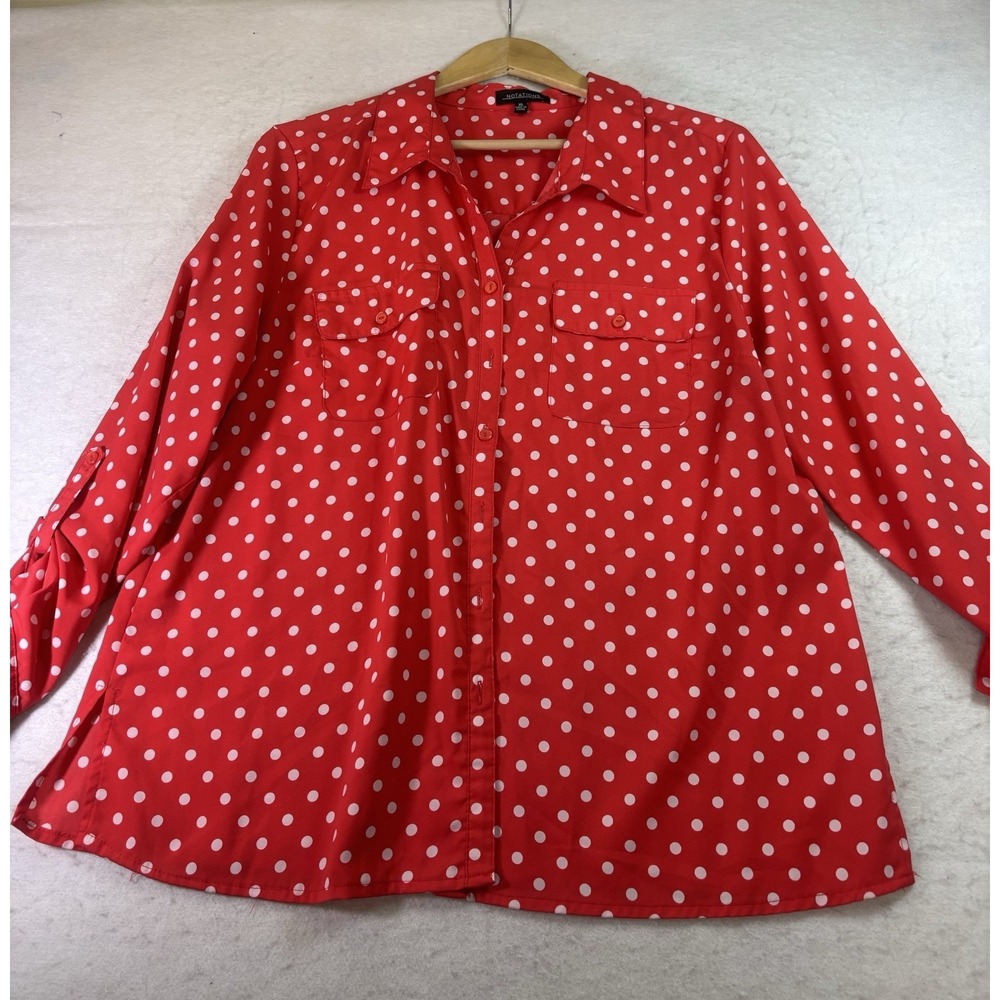Notations Red Polka Dot Button Up Blouse XL Roll Tab Sleeve Chest Pockets Career
